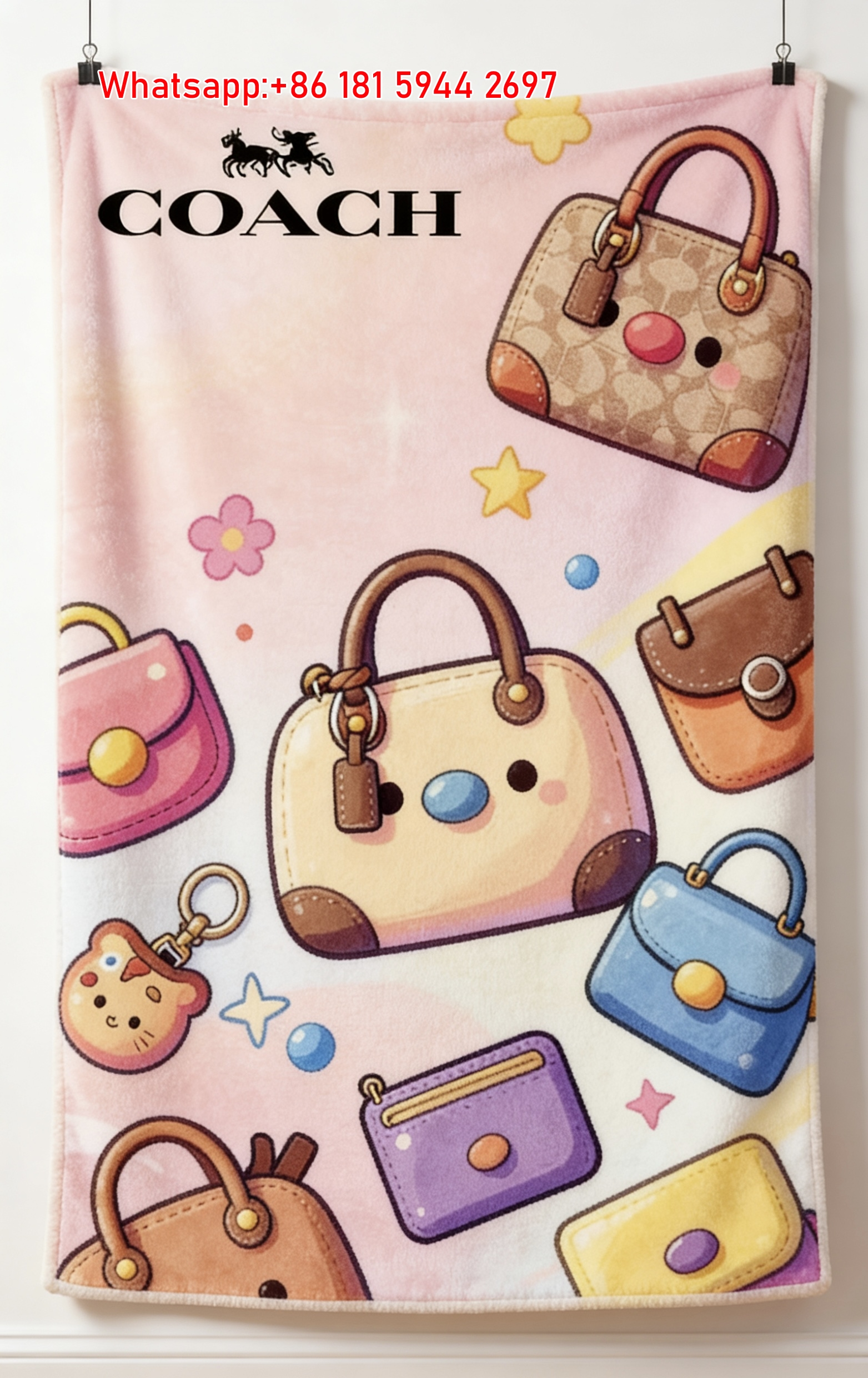 Coach Cute Cartoon Handbags Pastel Flannel Throw Blanket for Sofa and Wall Decor C377